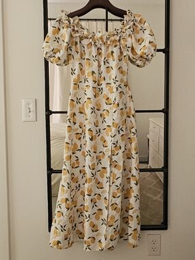 Reformation White Lemon Print Puff Sleeve Midi Dress